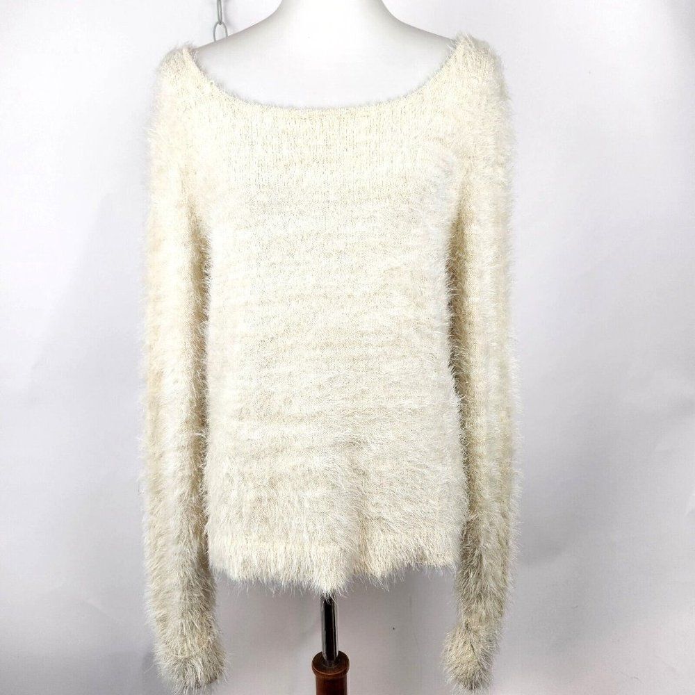 NEW Jennifer Lopez Ivory Fuzzy Eyelash Metallic Sweater Gold Elbow Pads L